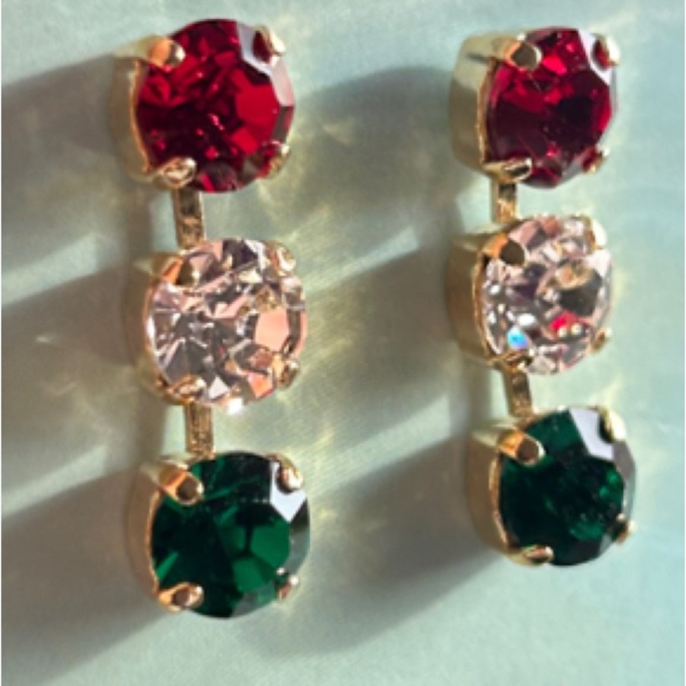 Jensa Jo’s 3 Drop Earrings Red Green Clear Rhinestones Set In Gold Christmas
